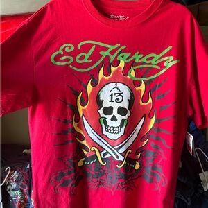 Ed Hardy Red Tee with Skull and Flames